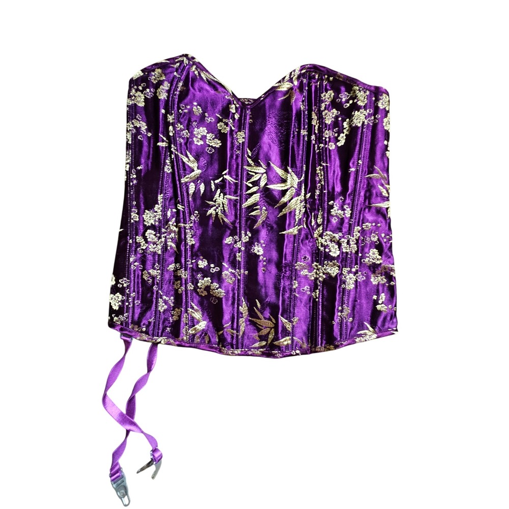 Shirley of Hollywood Purple Gold Brocade Corset Top Garter Lace Up 34 Gothic Y2K